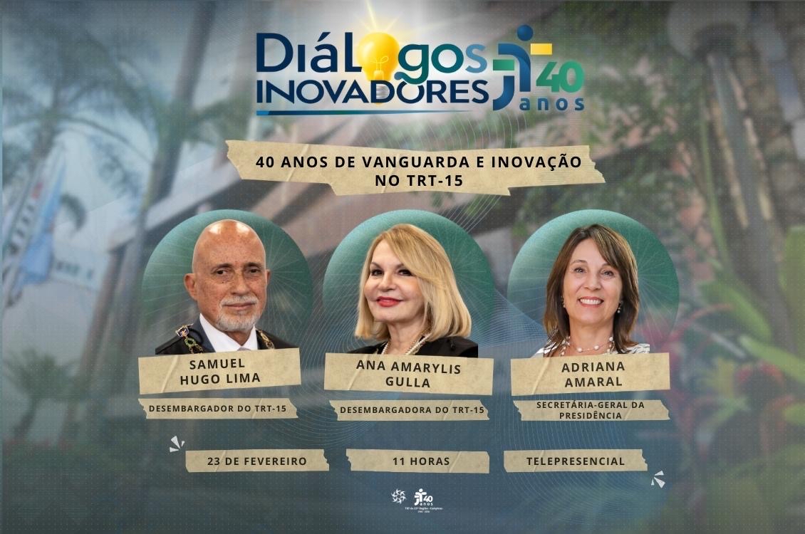 foto dos três dialogadores e dados sobre o evento, com foto do tribunal ao fundo