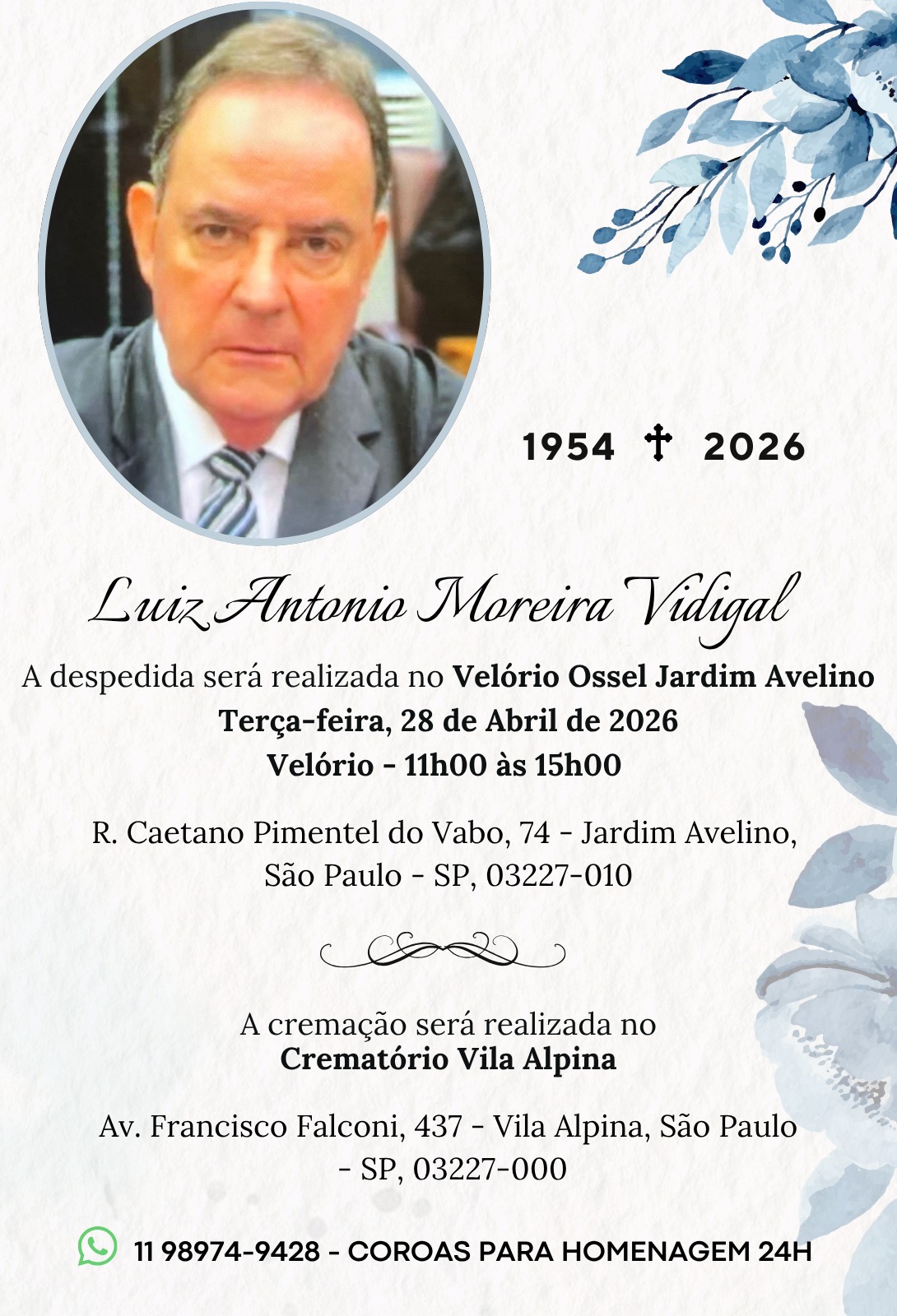 Imagem do dr. Luiz Antonio Moreira Vidigal (1954 - 2026) e dados sobre falecimento transcritos na notícia