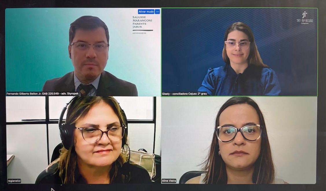 imagem retrata audiência telepresencial do Cejusc de 2º Grau com quatro pessoas em tela, três mulheres e um homem 
