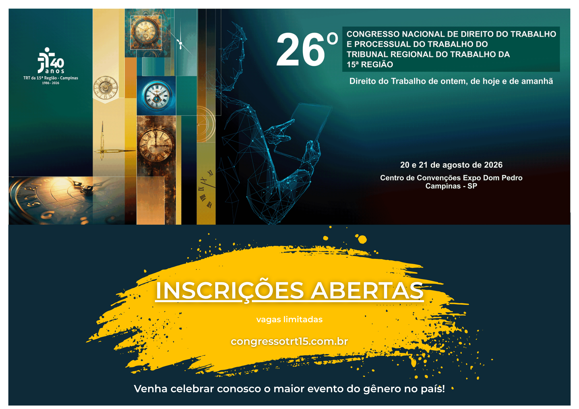 banner em tom verde e amarelo, com referência futurística, alusivo ao congresso indicando que as inscrições abertas